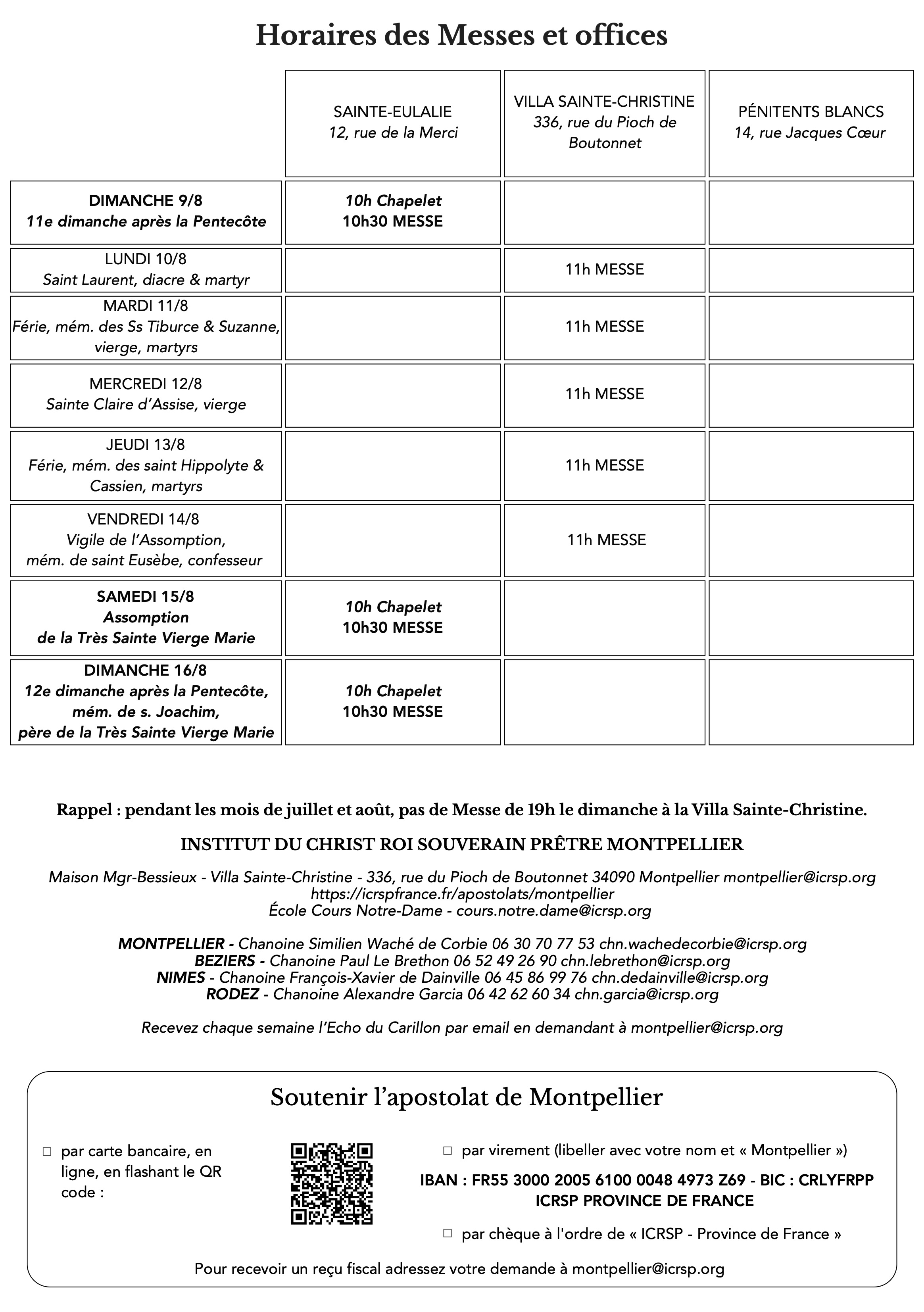 Horaires de la semaine