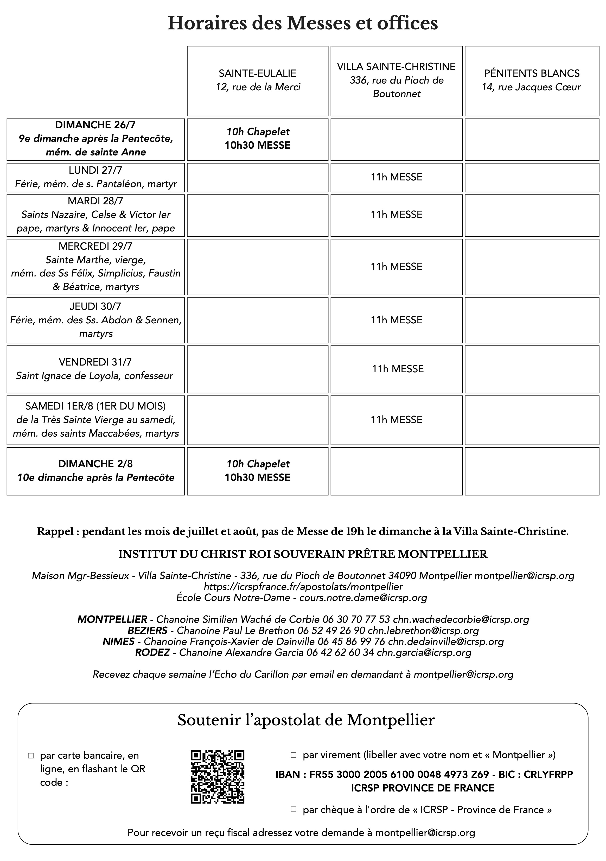 Horaires de la semaine