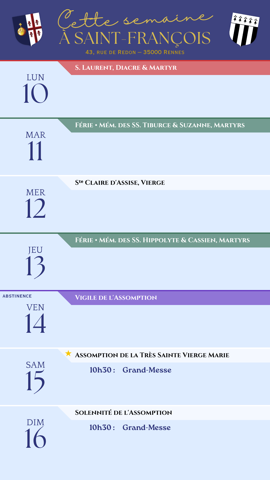 Horaires de la semaine