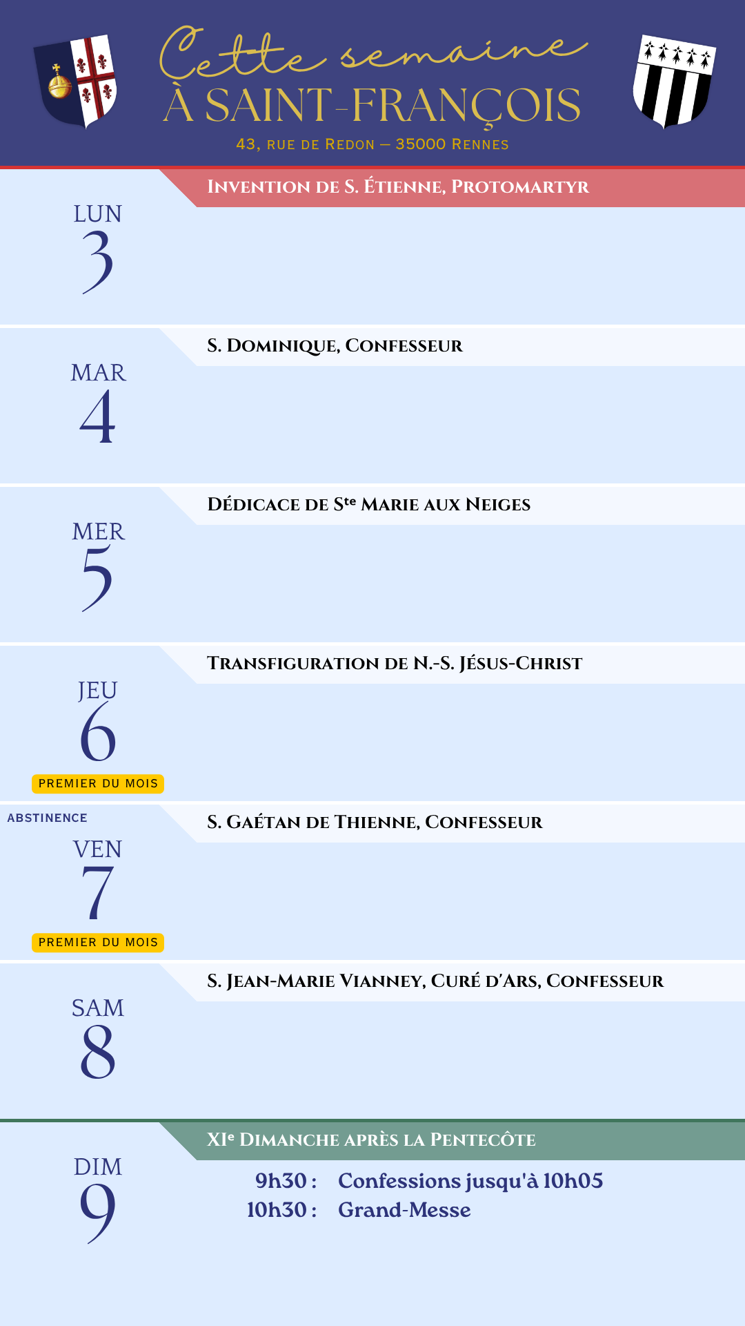 Horaires de la semaine
