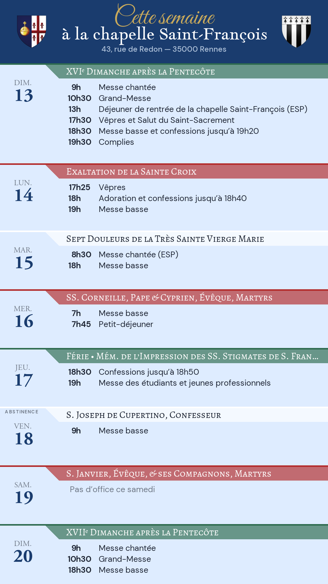 Horaires de la semaine
