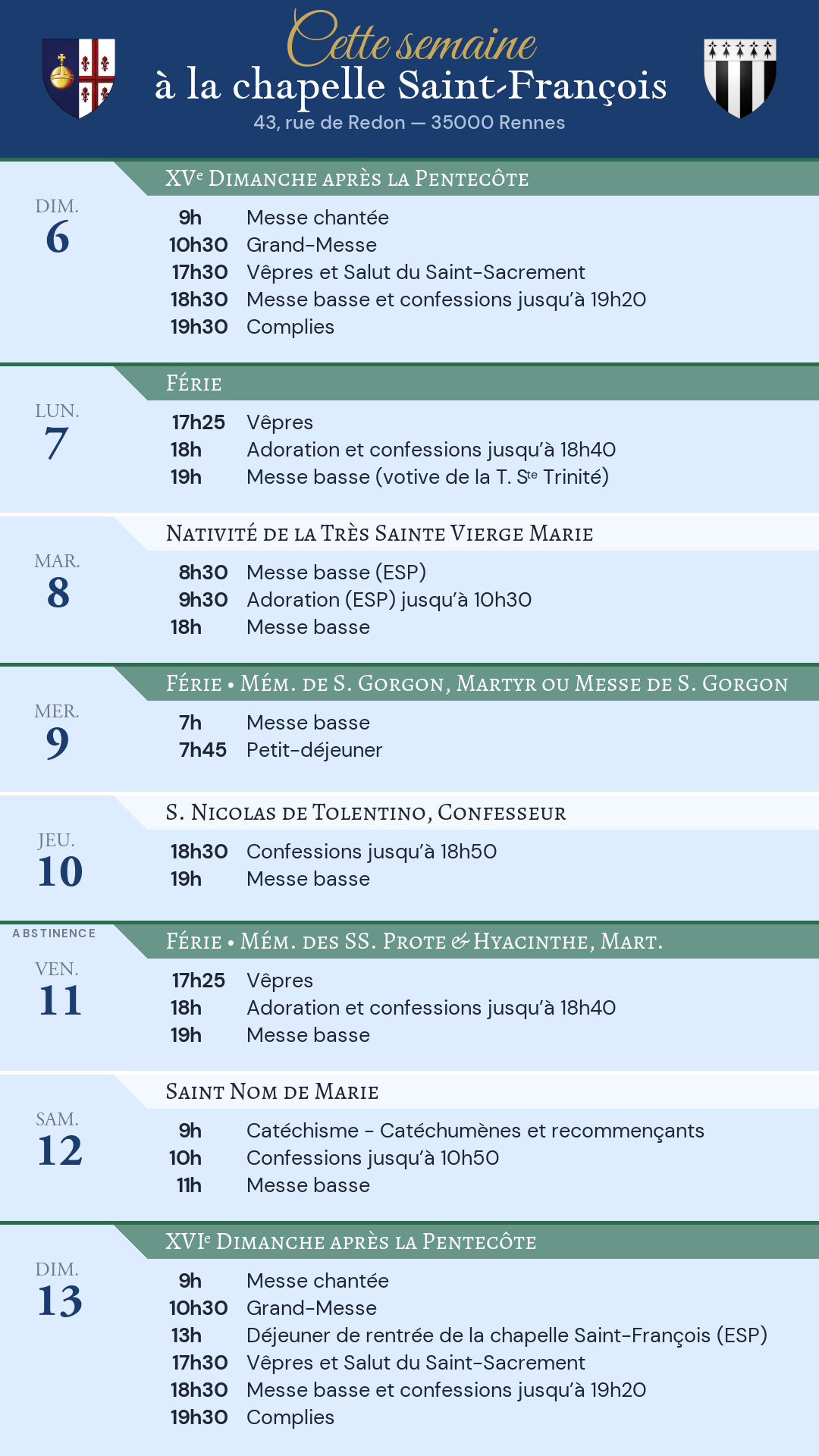 Horaires de la semaine