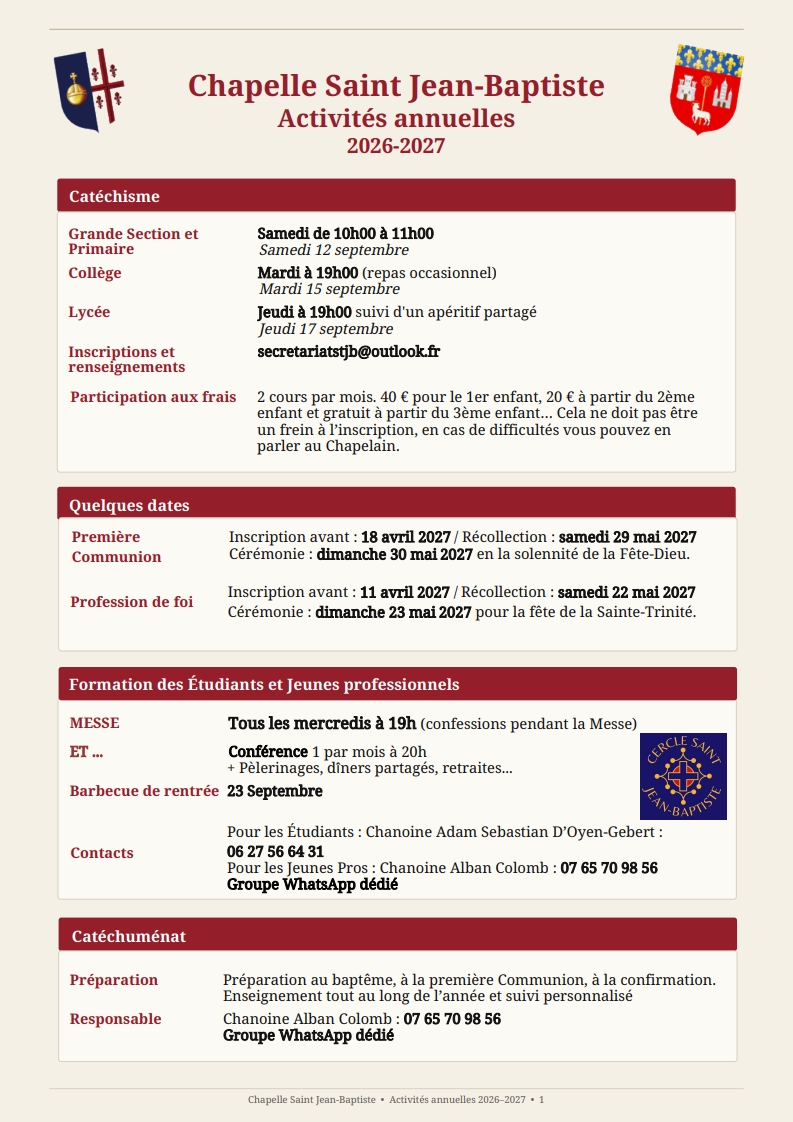 Feuille d'activités de l'année